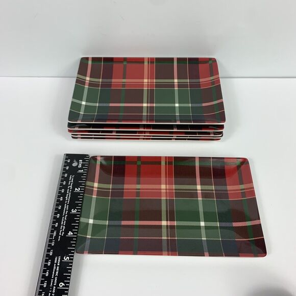 TOMMY BAHAMA Red Tartan Plaid Christmas Melamine Appetizer Snack Plate Set of 6 - Picture 4 of 7